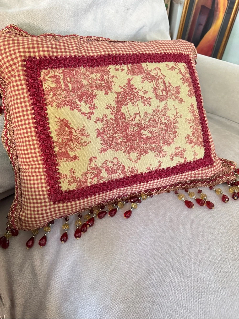 French Country Cottage Red Ivory English Toile Check Tassels Beaded Foam Pillow